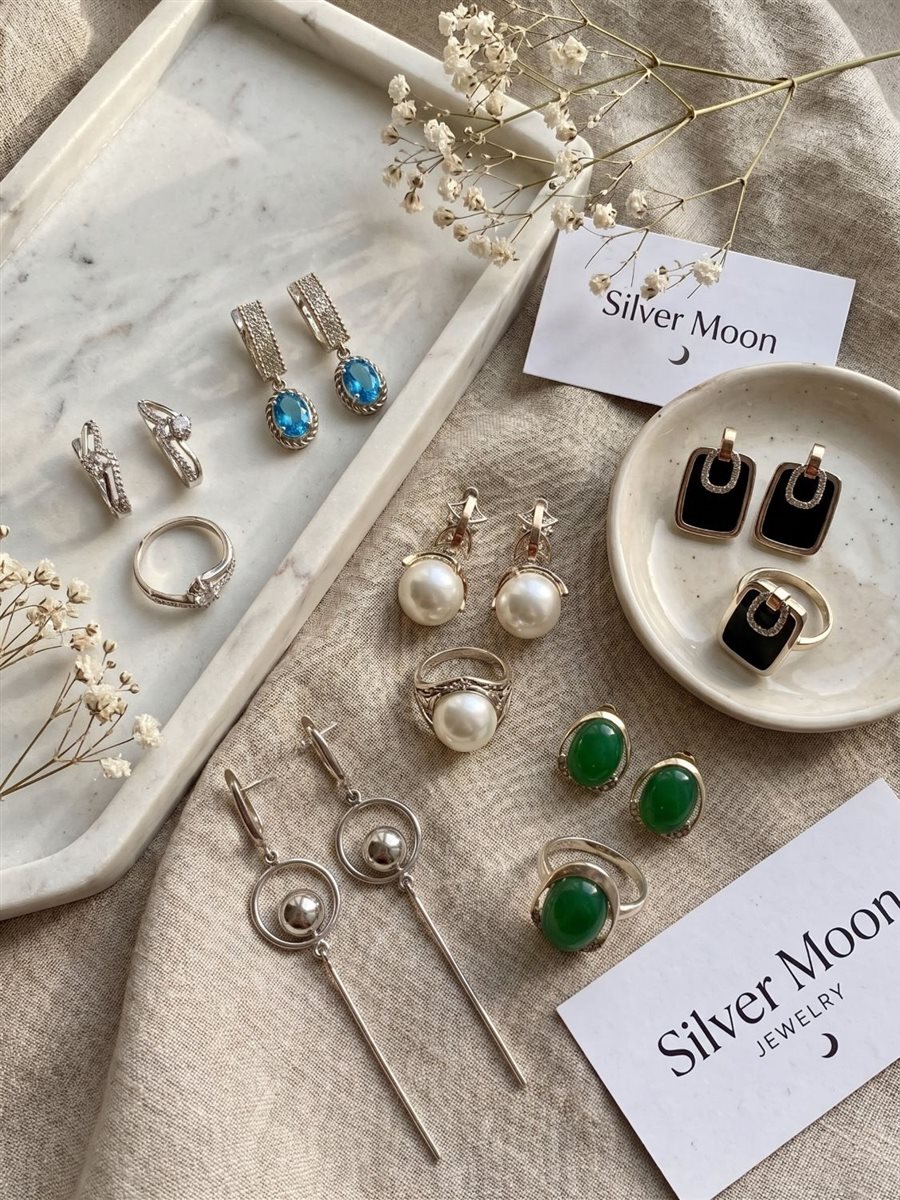 Срібні сережки та каблучки з перлами, оніксом і зеленим каменем Silver Moon